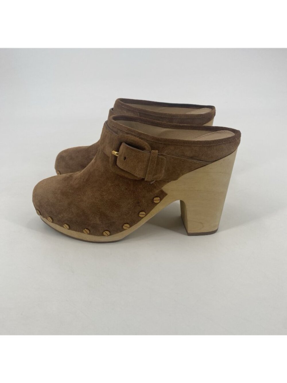 Veronica Beard Size 7 Dacey Suede Mule Clogs Studded Wooden Sand Brown